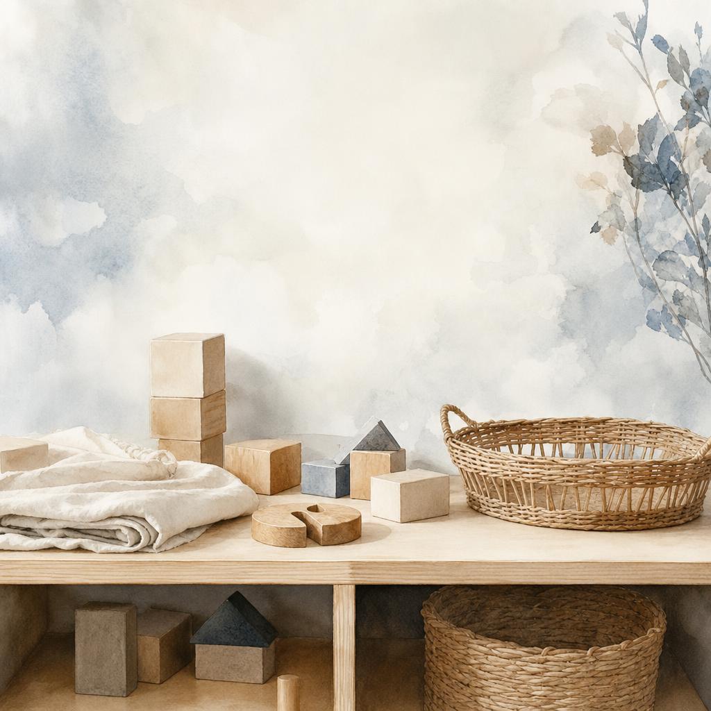 Wooden blocks, a puzzle piece, and a wicker basket on a low classroom shelf — materials waiting to be explored
