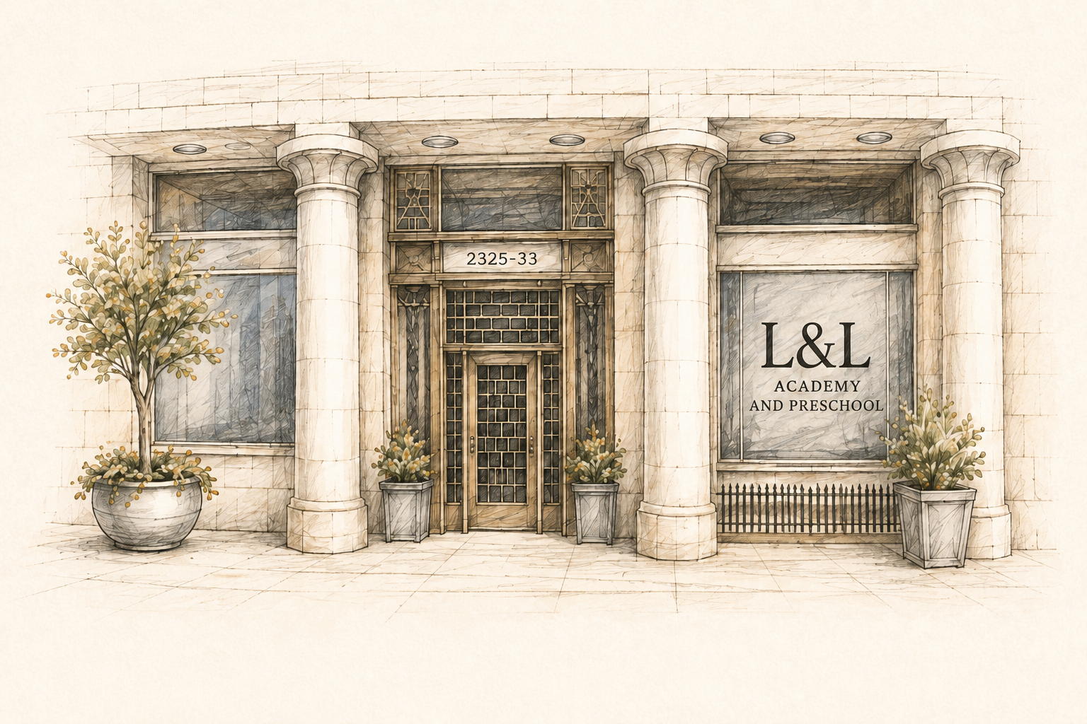 A pencil-and-watercolor illustration of the original L&L Academy and Preschool storefront in Lincoln Park.