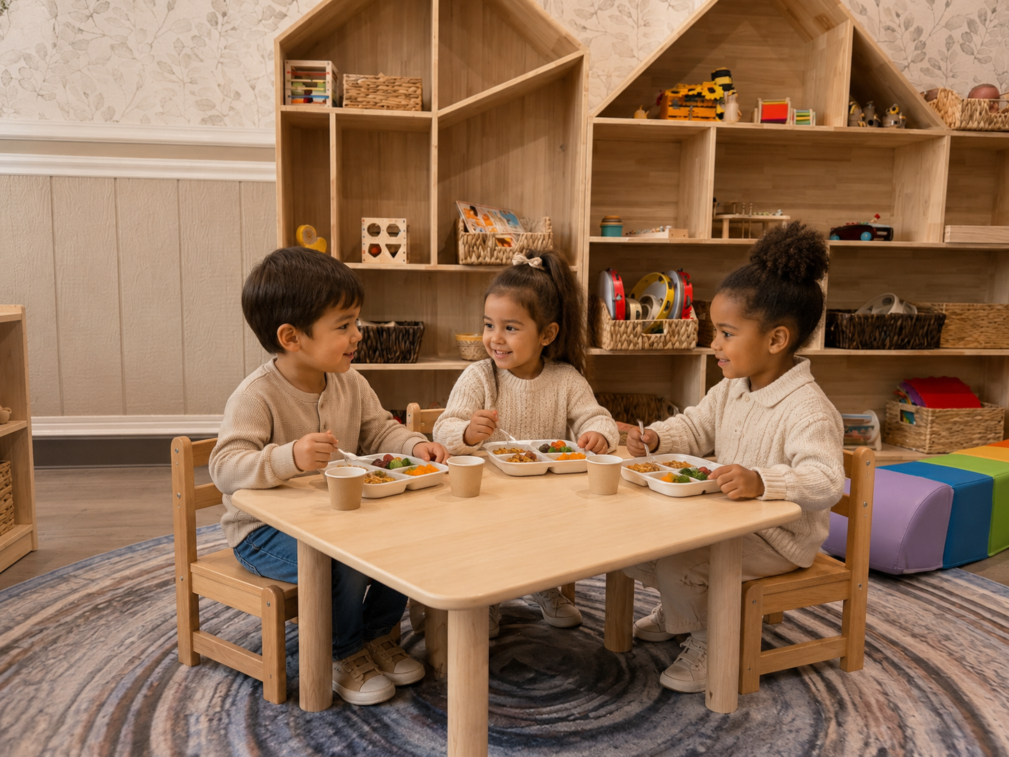 Three children sharing a meal together at a small wooden table at L&L Academy Bucktown