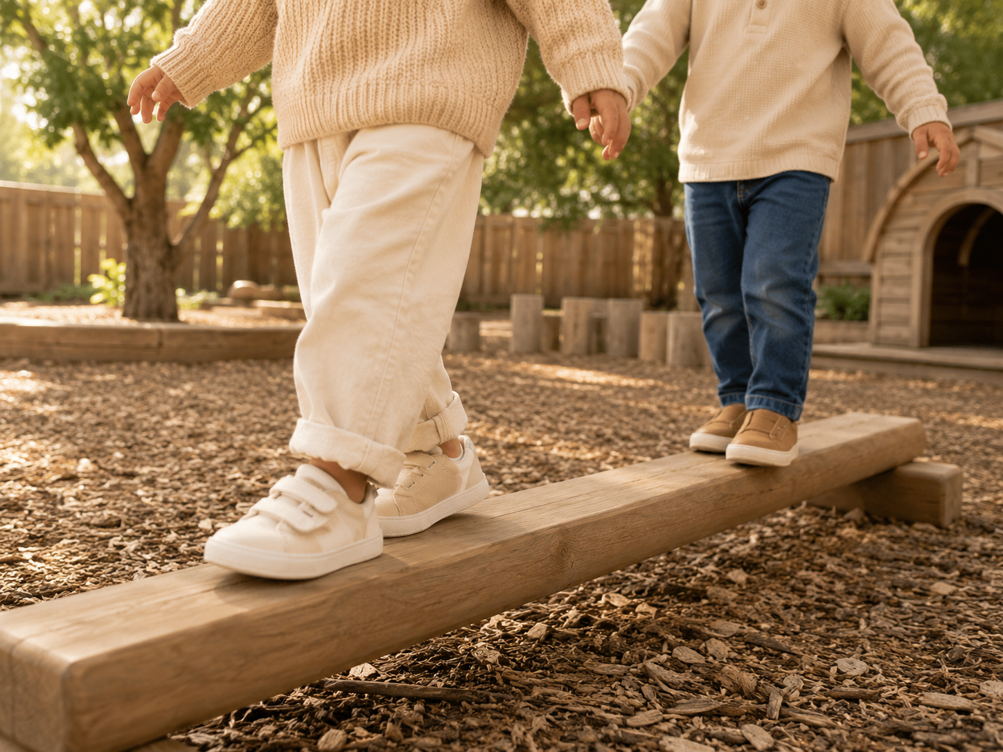 Two children balancing on a wooden beam in the L&L outdoor play yard