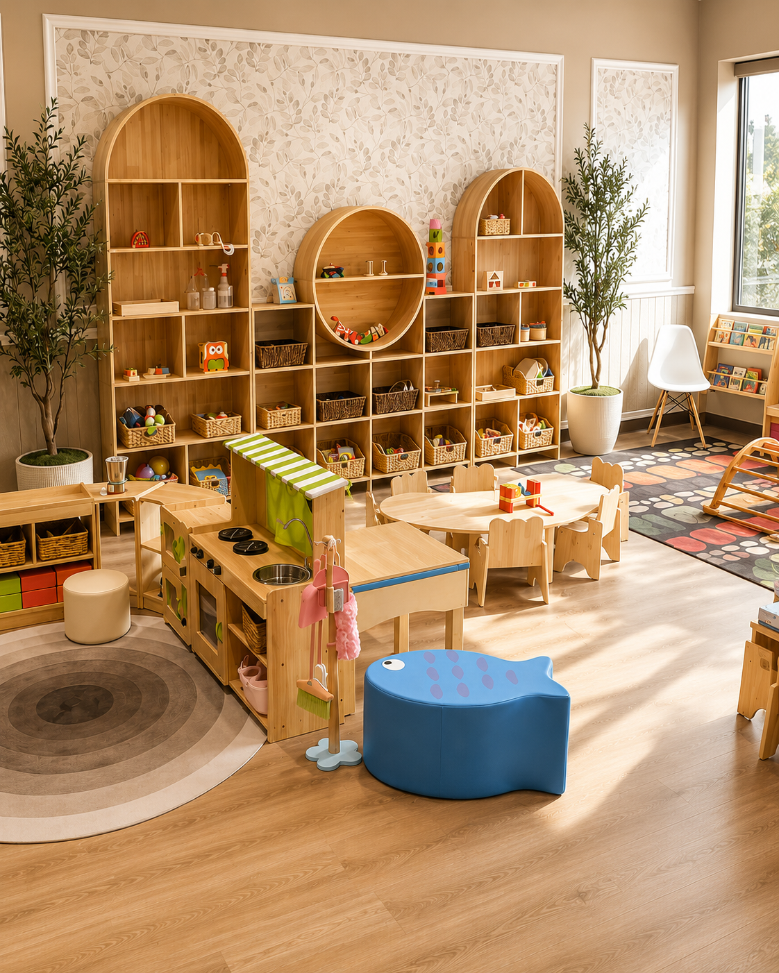 Toddler classroom at L&L Academy Bucktown with natural wood shelving, learning materials, and open play areas