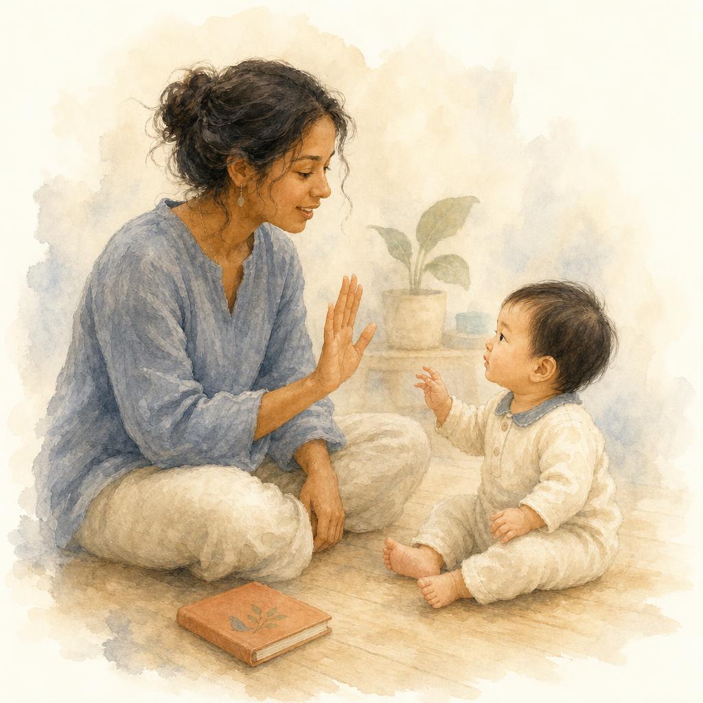 A teacher sits at floor level with an infant, making a gentle hand gesture while speaking. The infant watches the teacher's face and hand with close attention.