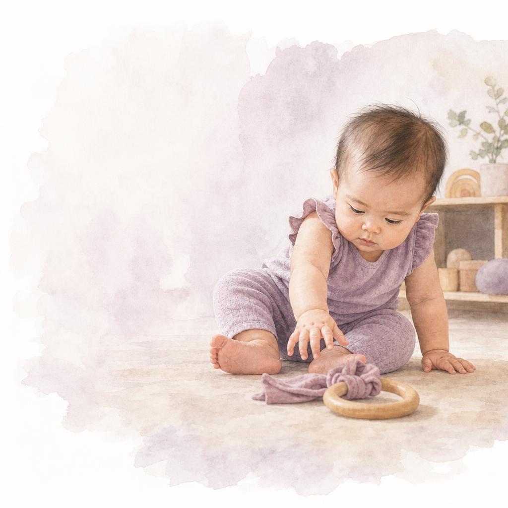 An infant girl sits independently on the classroom floor, concentrating as she twists her body and reaches toward a small wooden toy beside her