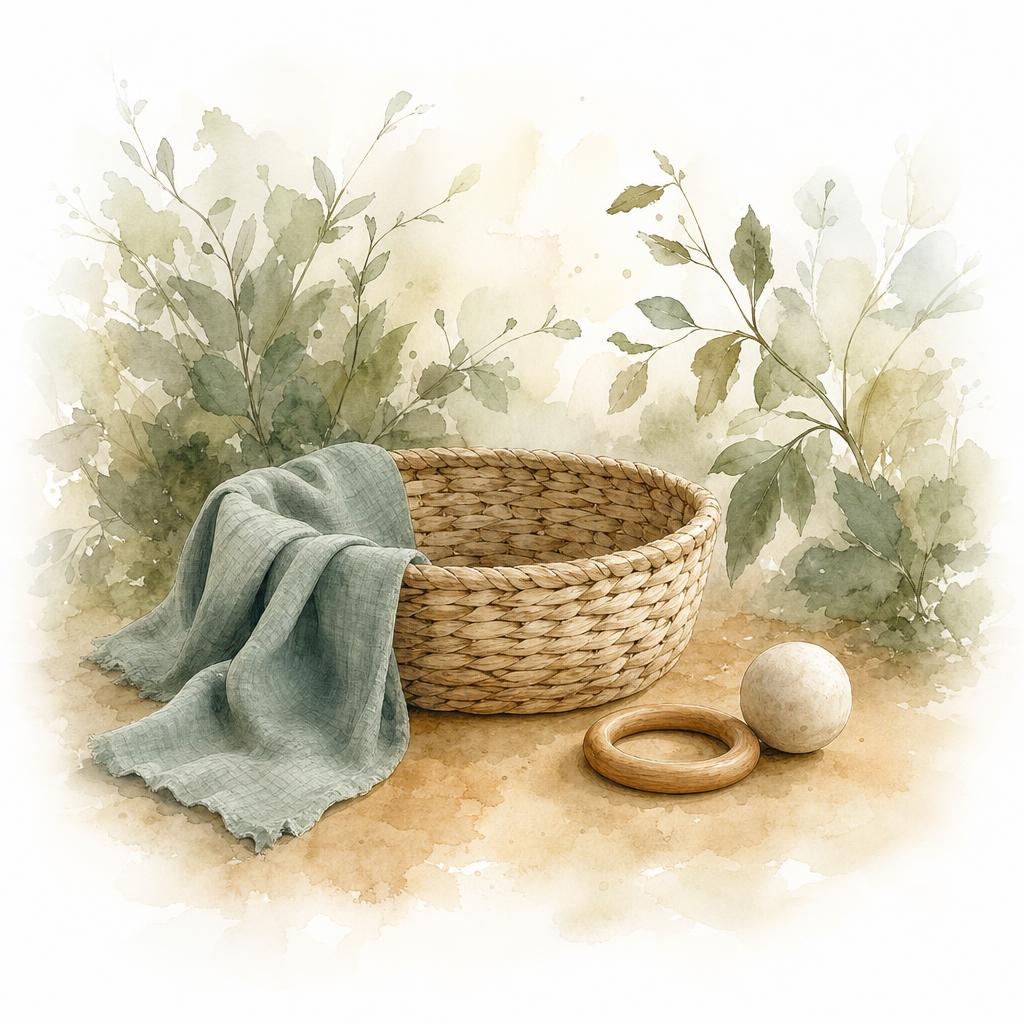 A woven basket with a soft cloth, wooden ring, and ball — the kinds of simple materials teachers prepare for infants