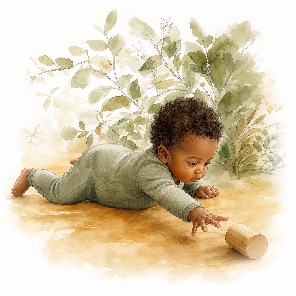 An infant concentrates as they reach toward a wooden toy just out of reach — figuring it out on their own