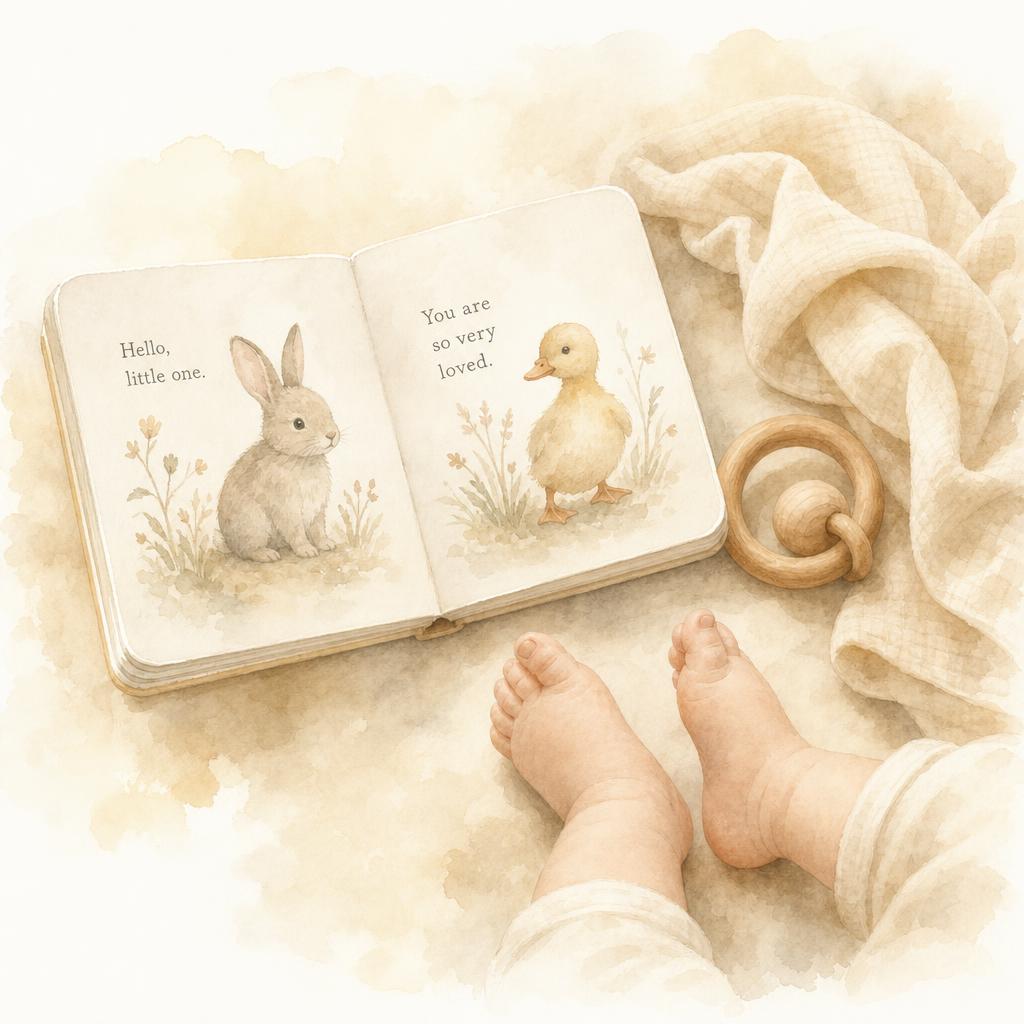 A soft watercolor still-life of a small board book, wooden grasping ring, and blanket with tiny infant feet resting nearby