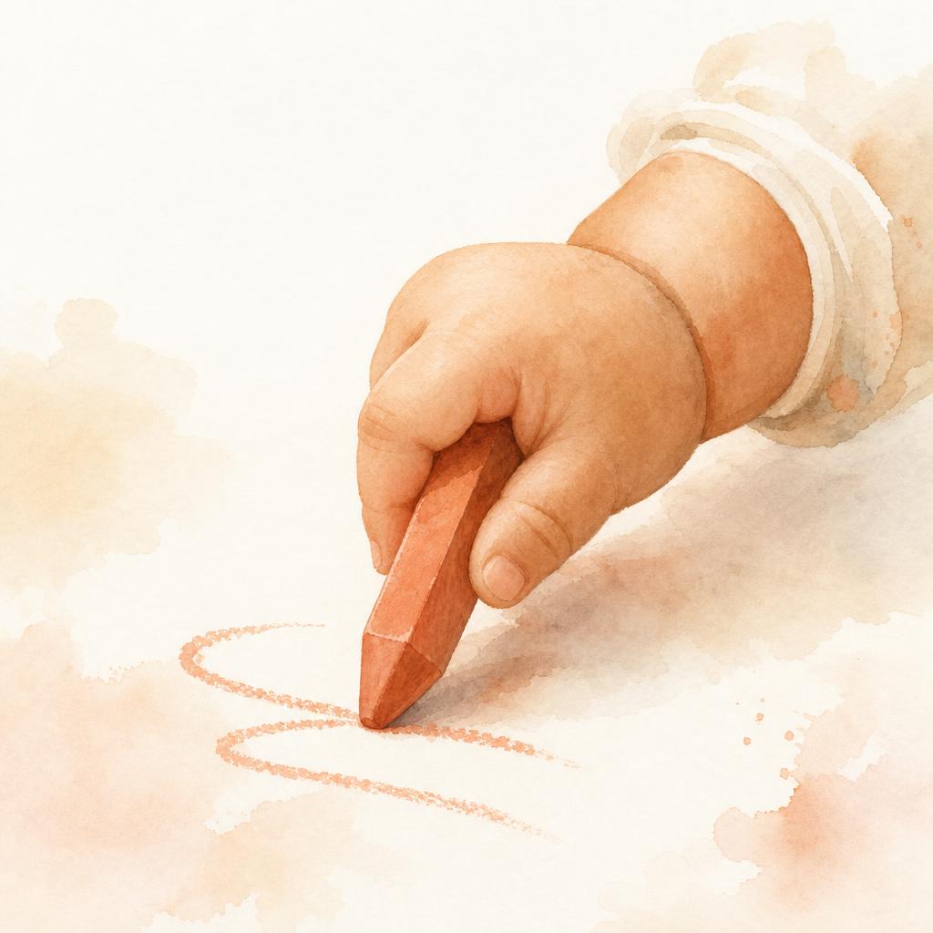 A close-up watercolor of a small infant hand holding a chunky wooden crayon, with the first soft marks appearing on cream paper