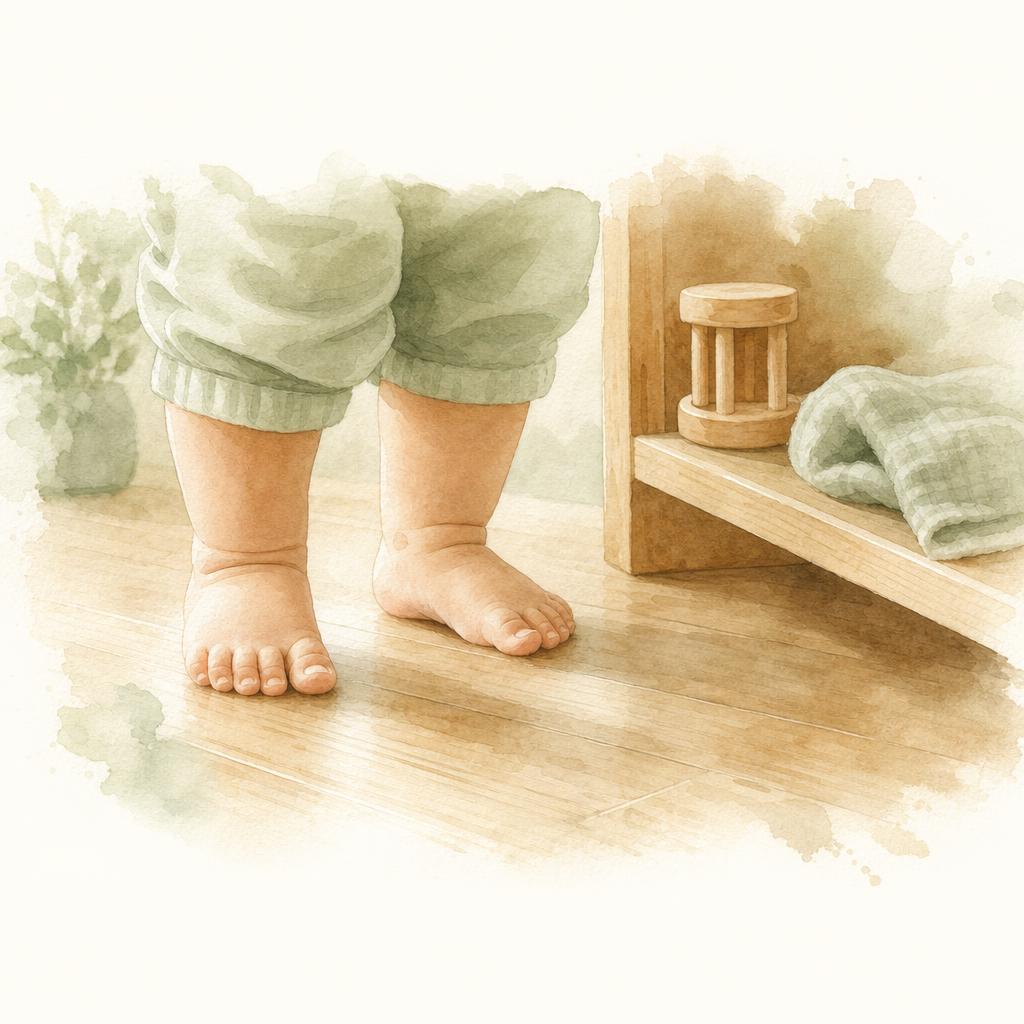 A soft watercolor of small chubby feet standing steadily on a pale wood floor beside a low natural wood classroom shelf