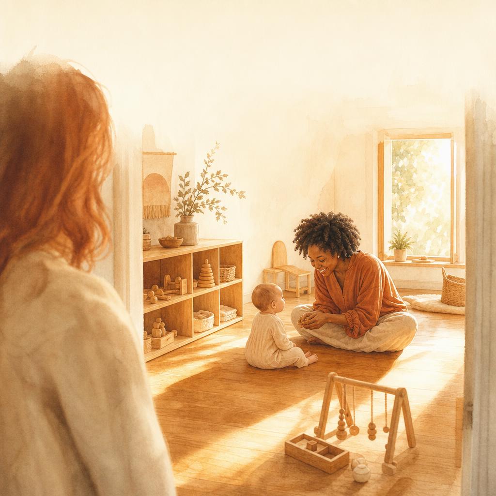 Warm infant classroom viewed from the doorway — a teacher engages with an infant on the floor as morning light fills the room