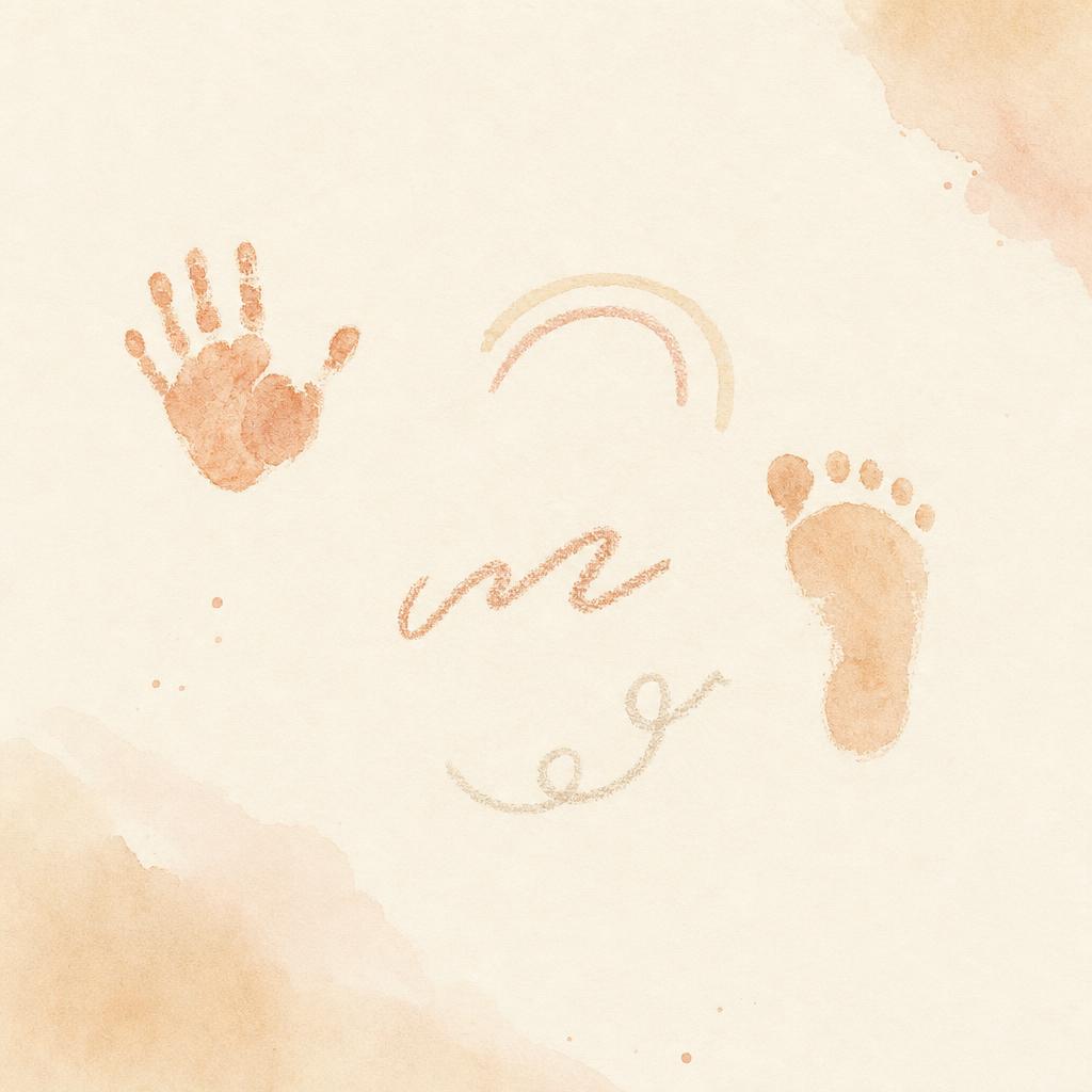A soft watercolor of small marks on pale paper — a tiny handprint and crayon marks suggesting growth