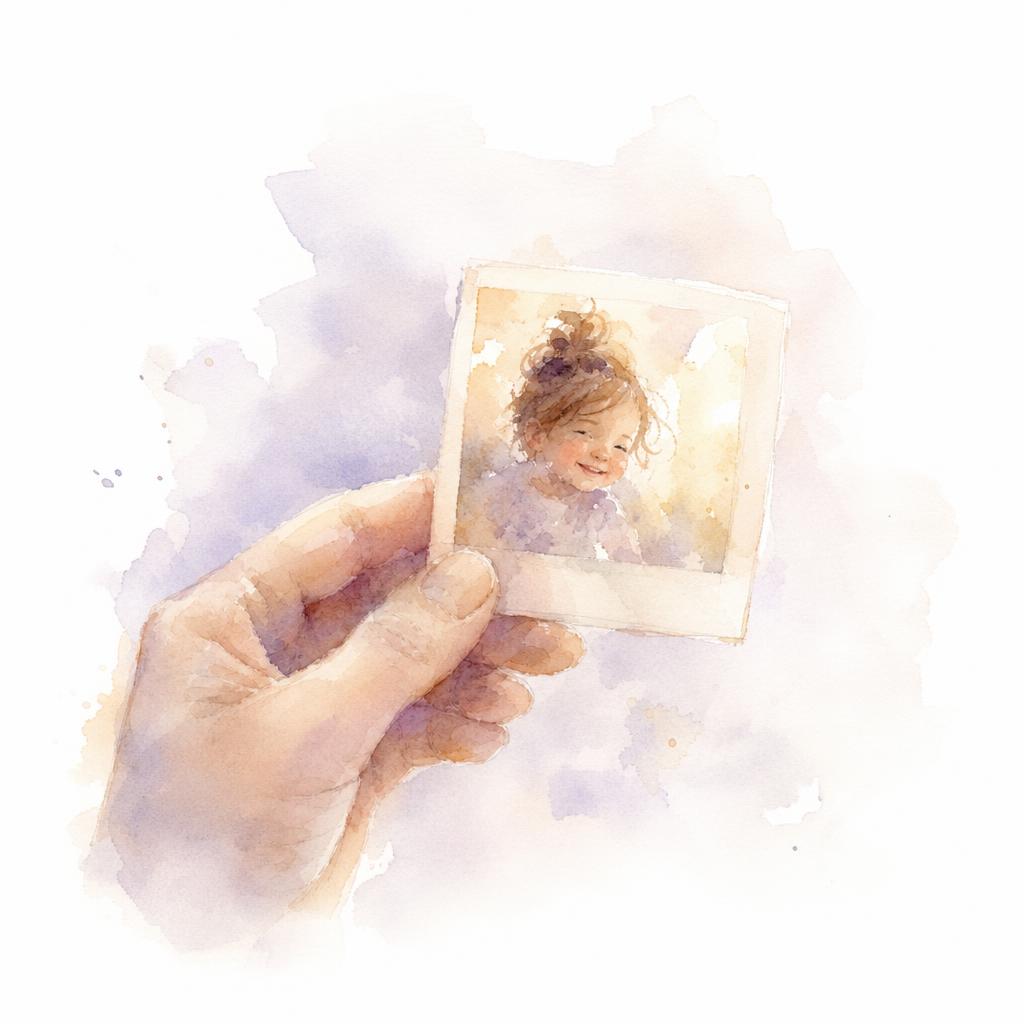 A soft watercolor suggesting a photograph held between fingers — a glimpse from a distance