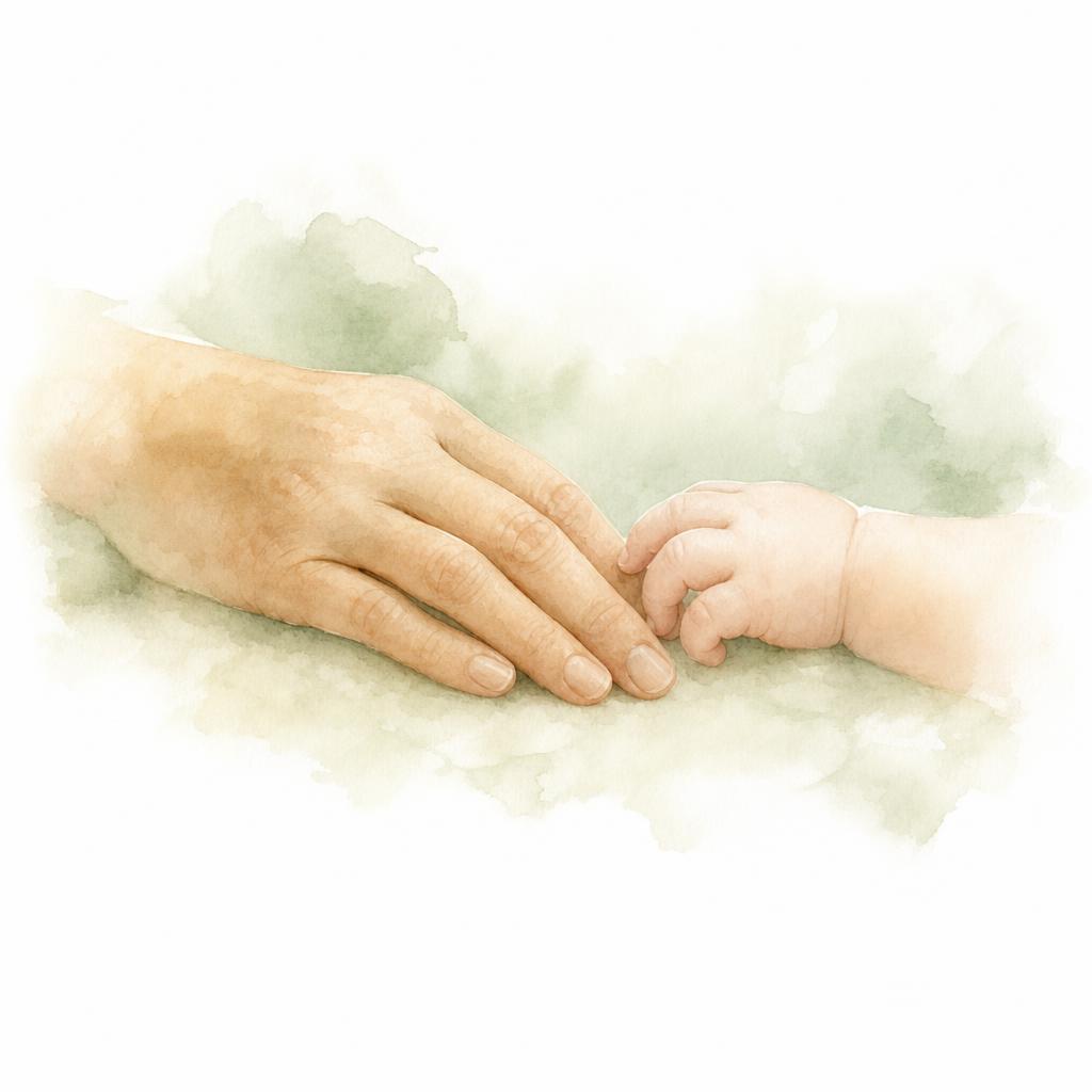 A soft watercolor of a warm adult hand resting gently near a small infant hand