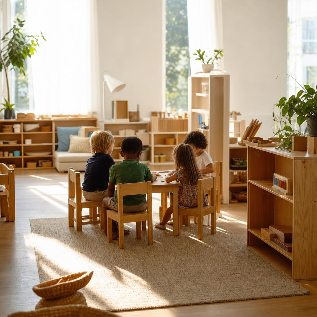 Children gathered around a table in a bright Lincoln Park classroom