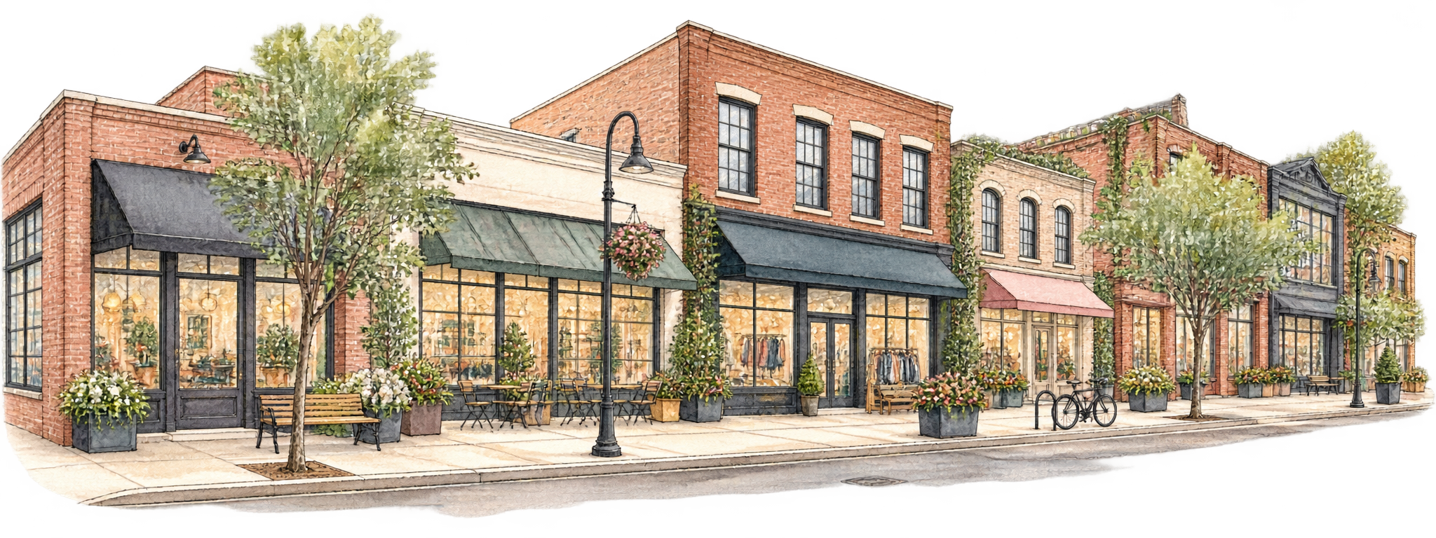Hand-drawn illustration of Fulton Market shops and cafés in Chicago’s West Loop.