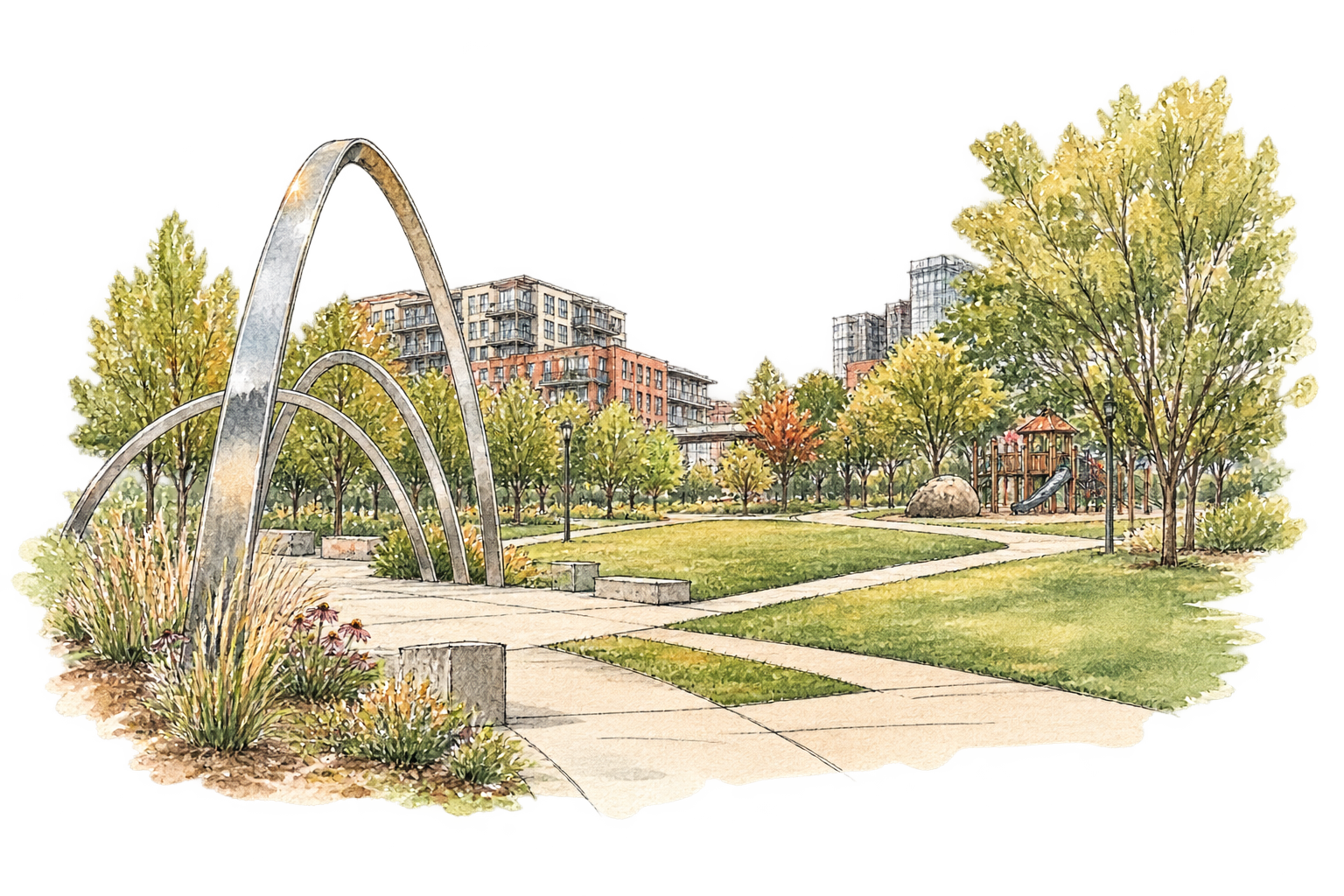 A watercolor illustration of Mary Bartelme Park in West Loop.