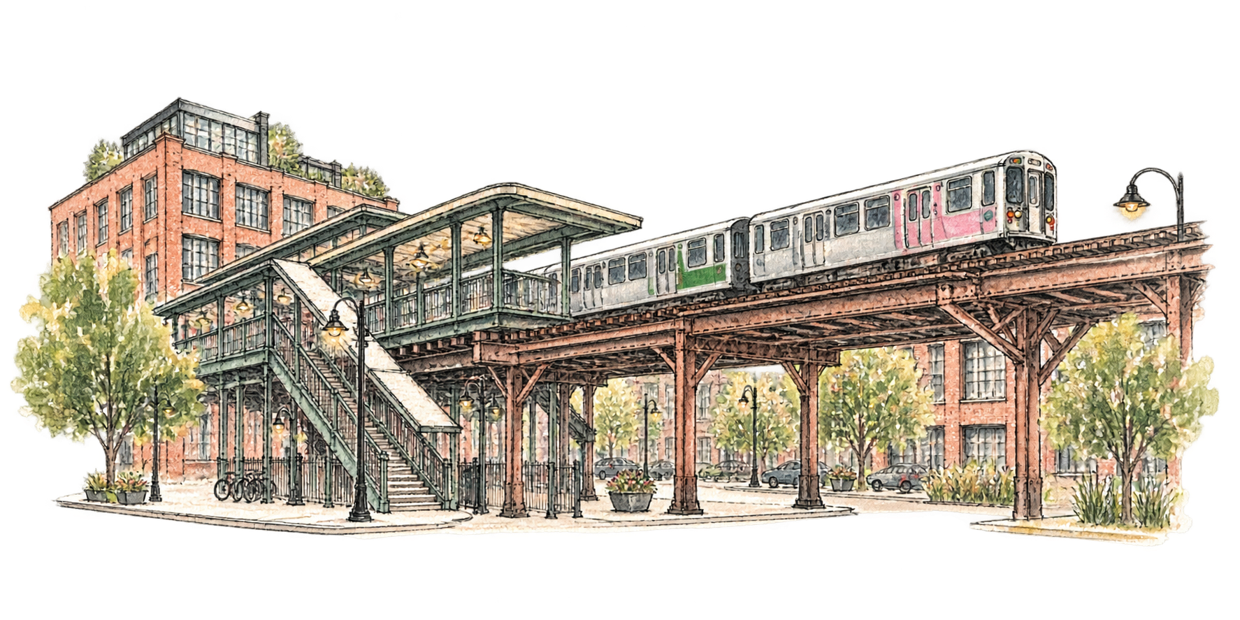 Hand-drawn illustration of the Morgan “L” station in Chicago’s West Loop.