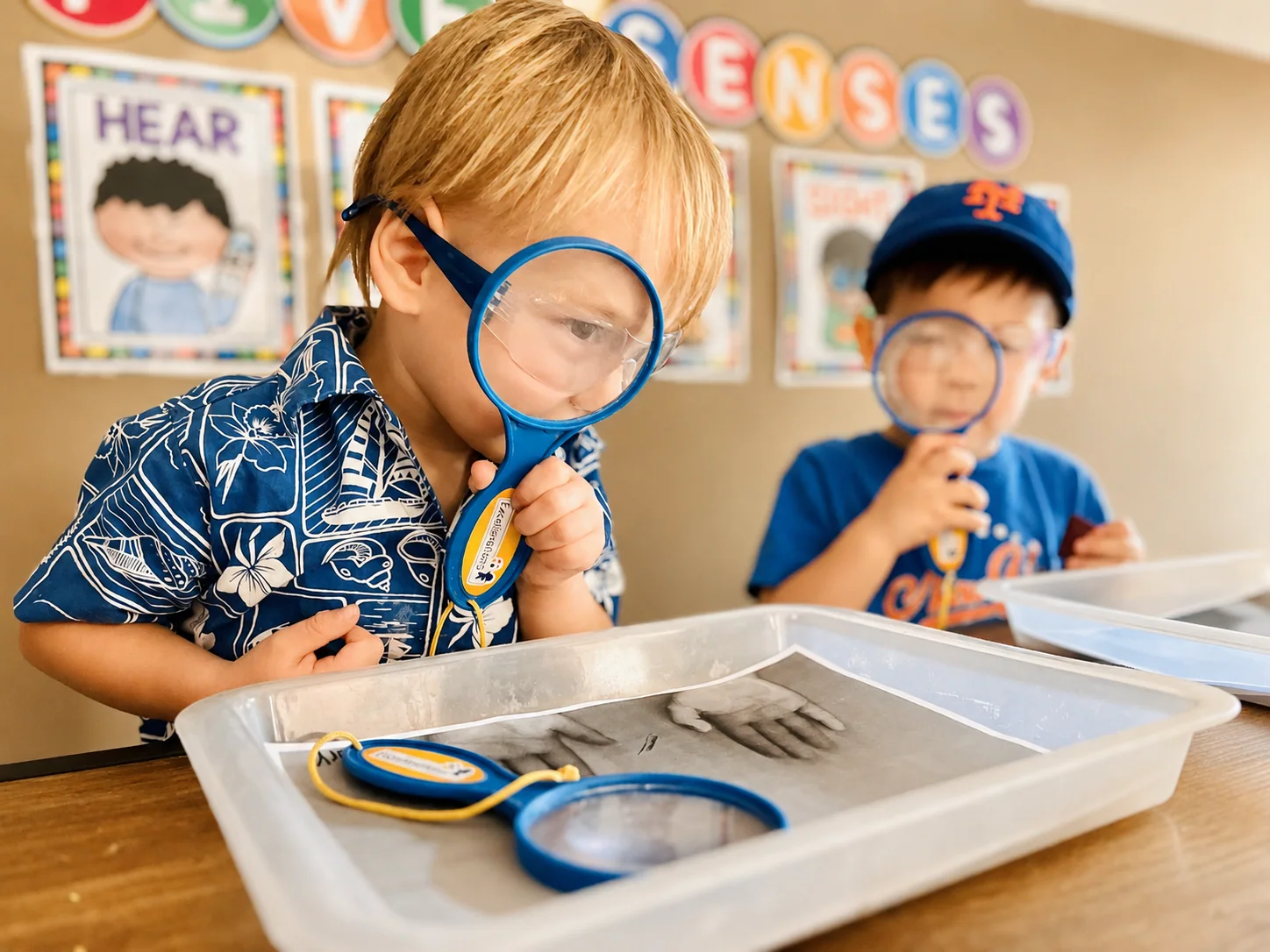 Two preschool children using magnifying glasses during a classroom science activity.