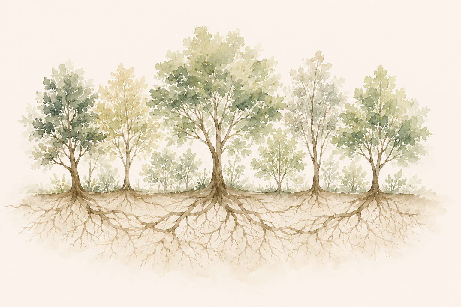 A watercolor grove of individual trees with interconnected roots, representing the shared support and experience behind L&L schools.
