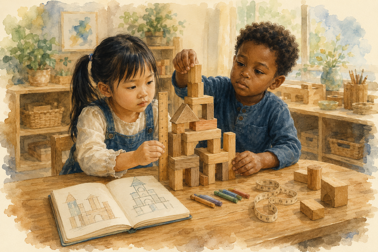 Two preschool children measuring and building a wooden block structure from their drawn plans.