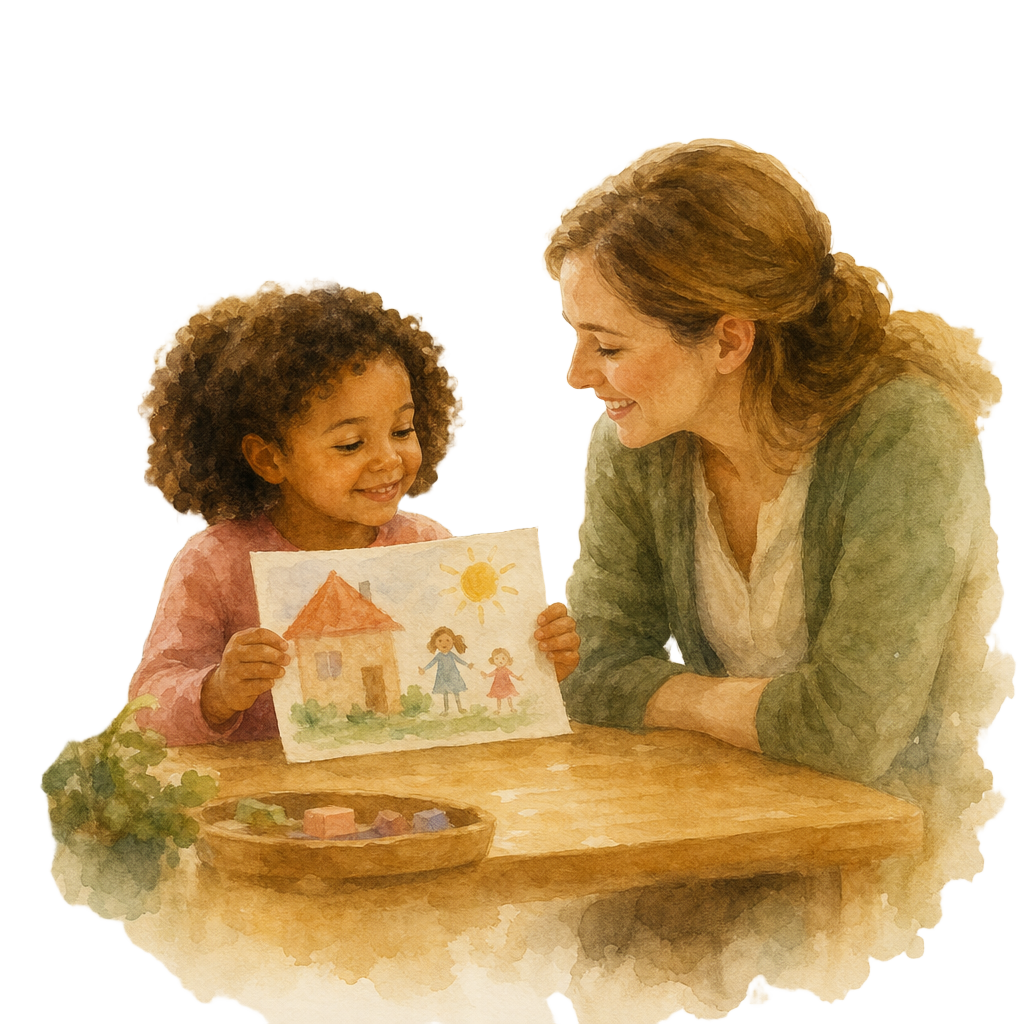 A preschool child sharing their work with a teacher who is listening closely.
