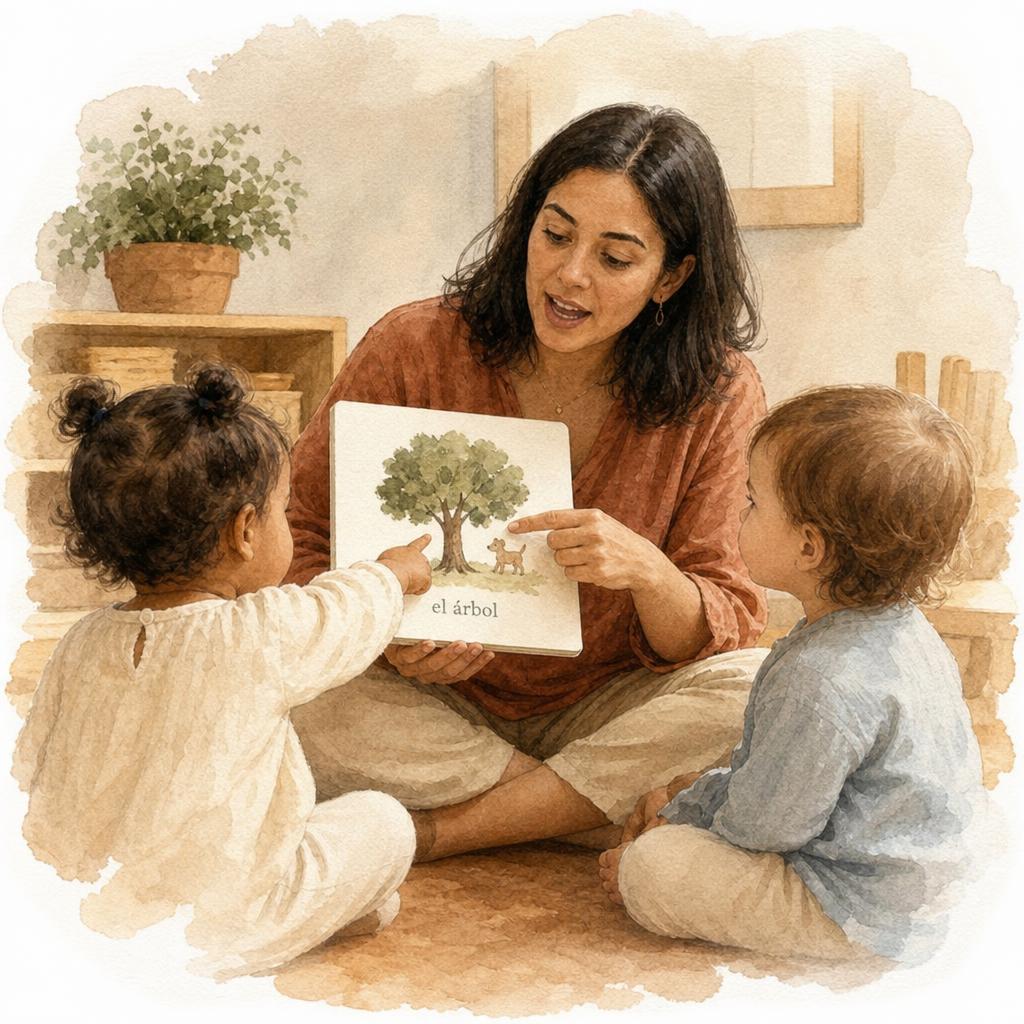 A dedicated Spanish teacher holds a picture book open at toddler eye level while two toddlers look on with curiosity — one pointing at the image