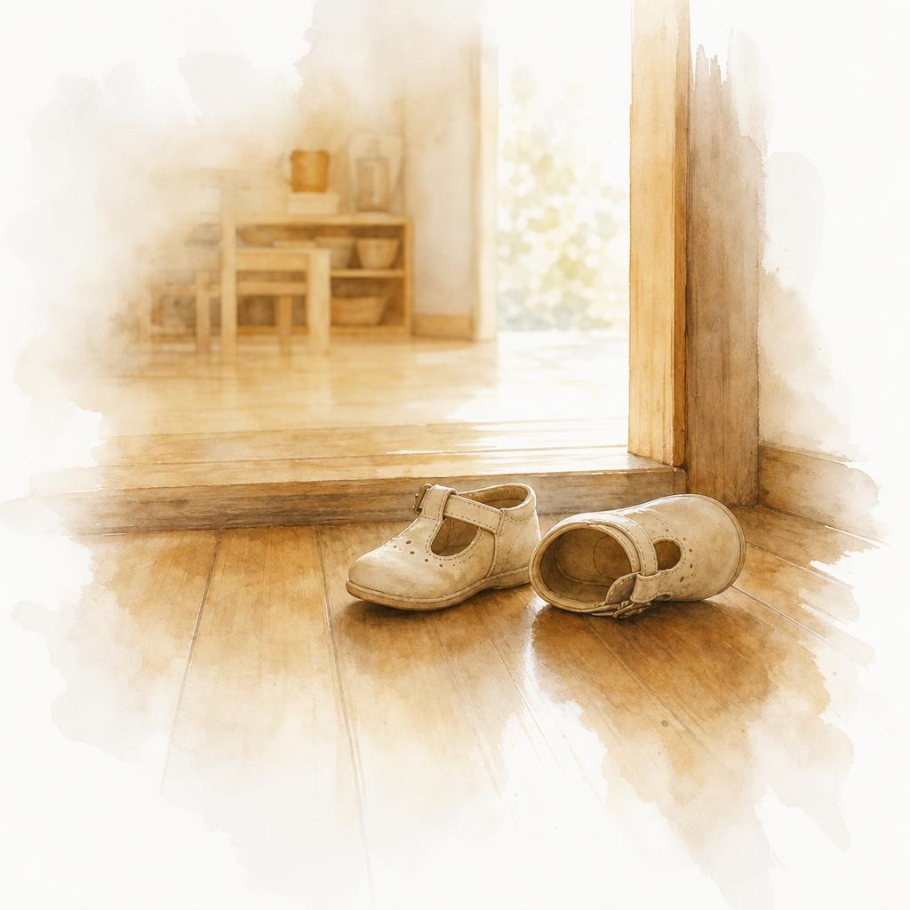 A pair of small toddler indoor shoes sitting quietly on a warm classroom floor near the doorway — the start of the day
