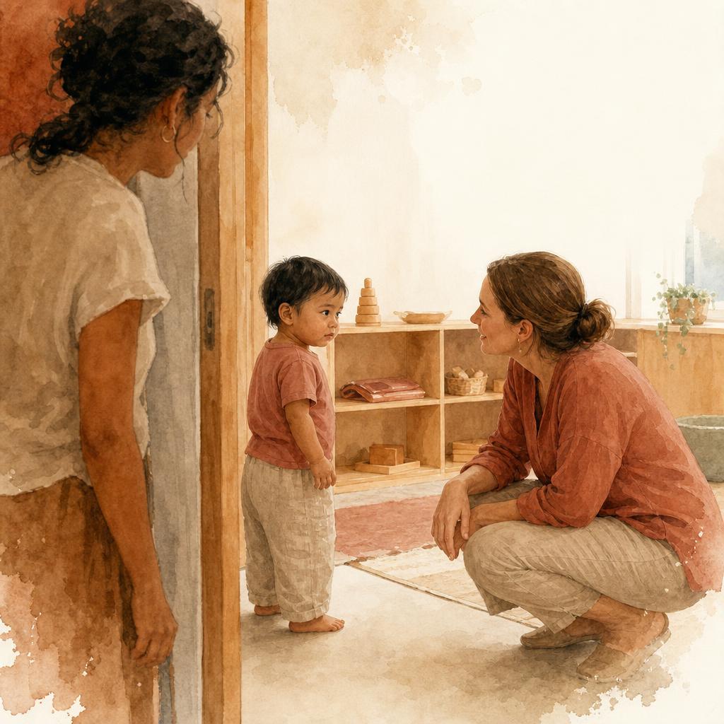 A teacher crouches to a toddler's eye level at the classroom doorway — calm and open — as the toddler stands hesitant and a parent watches from just behind
