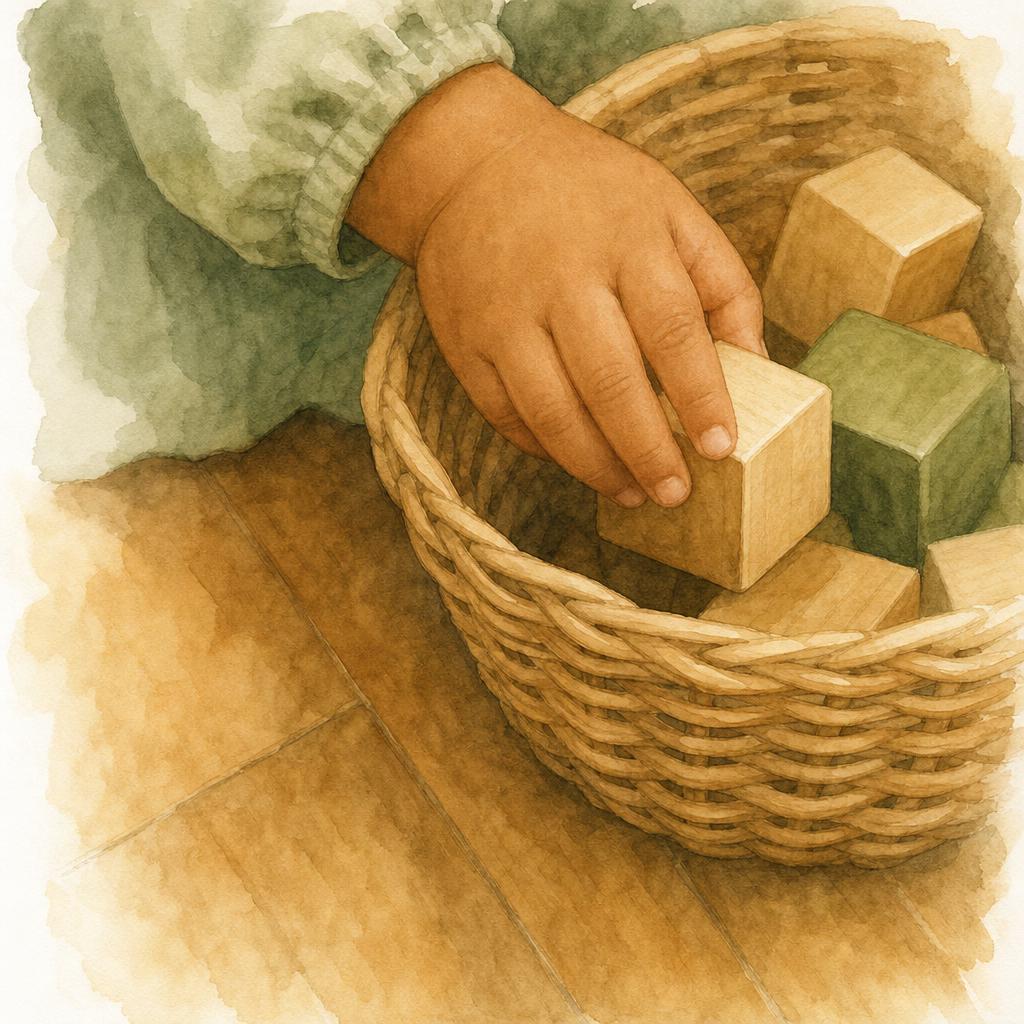 A toddler hand placing a small wooden block into a low wicker basket — careful and purposeful