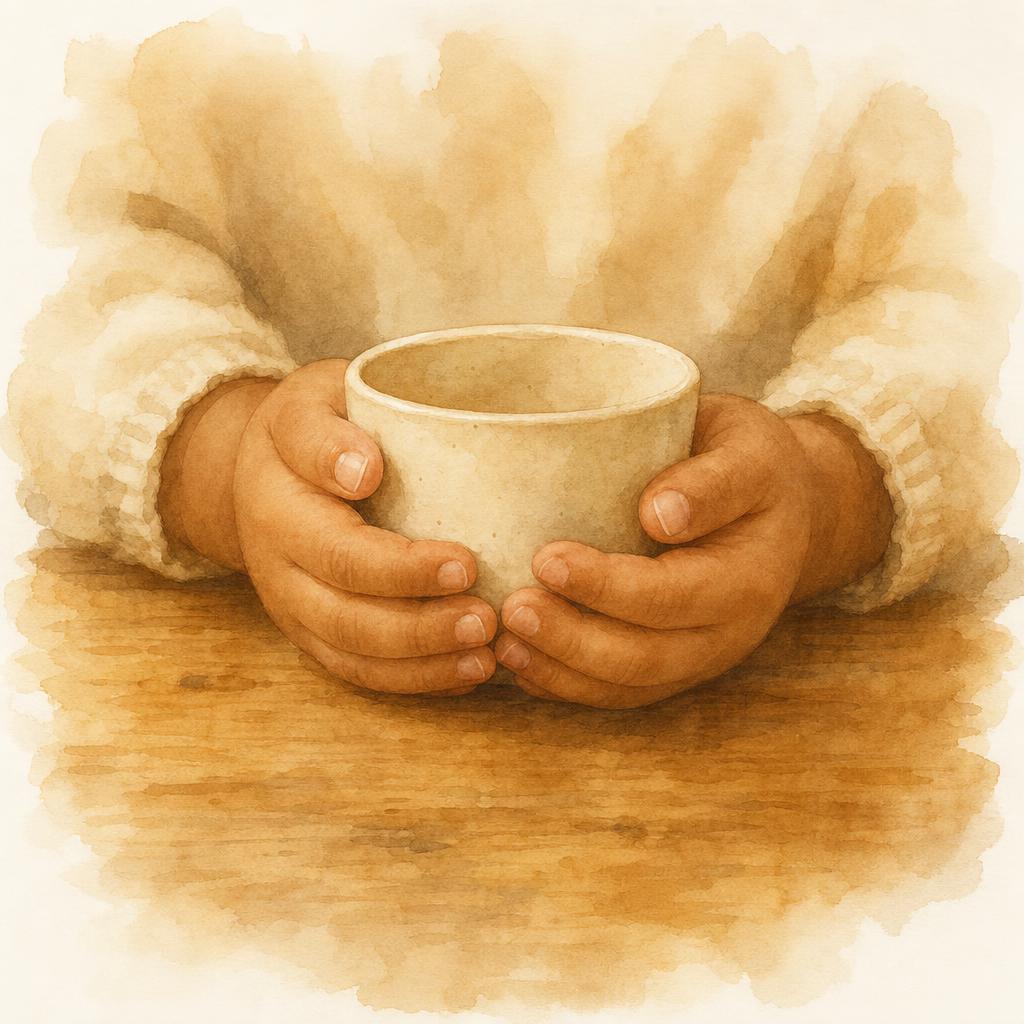Small toddler hands carefully cupping a round cream ceramic cup — fingers wrapped, focused