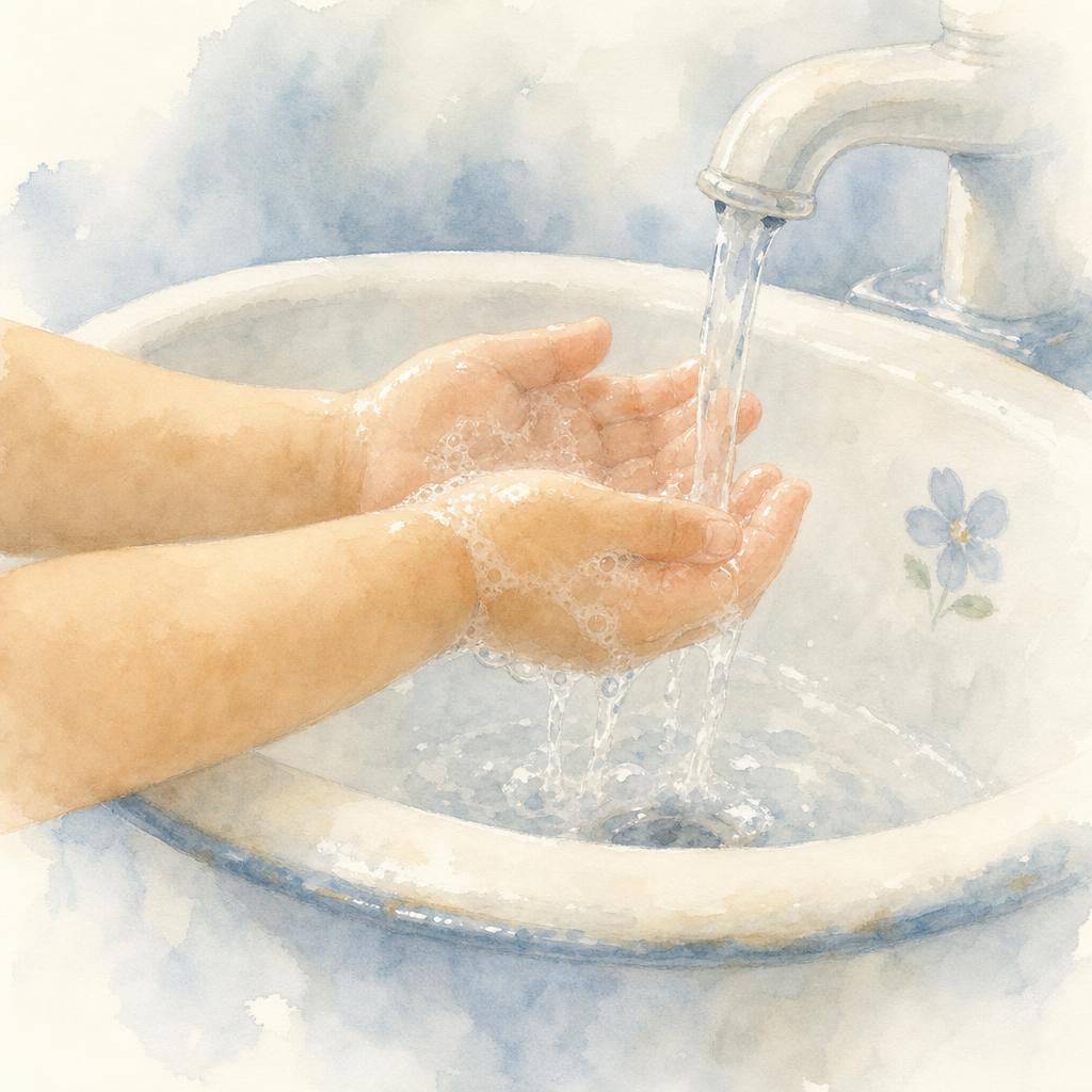 Small toddler hands at a child-height sink, water running, soap suds visible