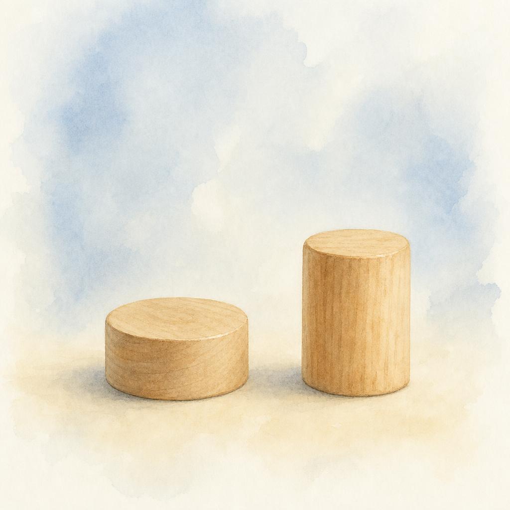 Two small wooden objects side by side on a cream surface — a quiet suggestion of choice