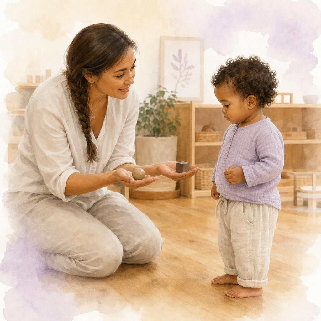 A teacher kneels at toddler eye level holding one small object in each hand — offering a genuine choice to a toddler who looks at both with curiosity