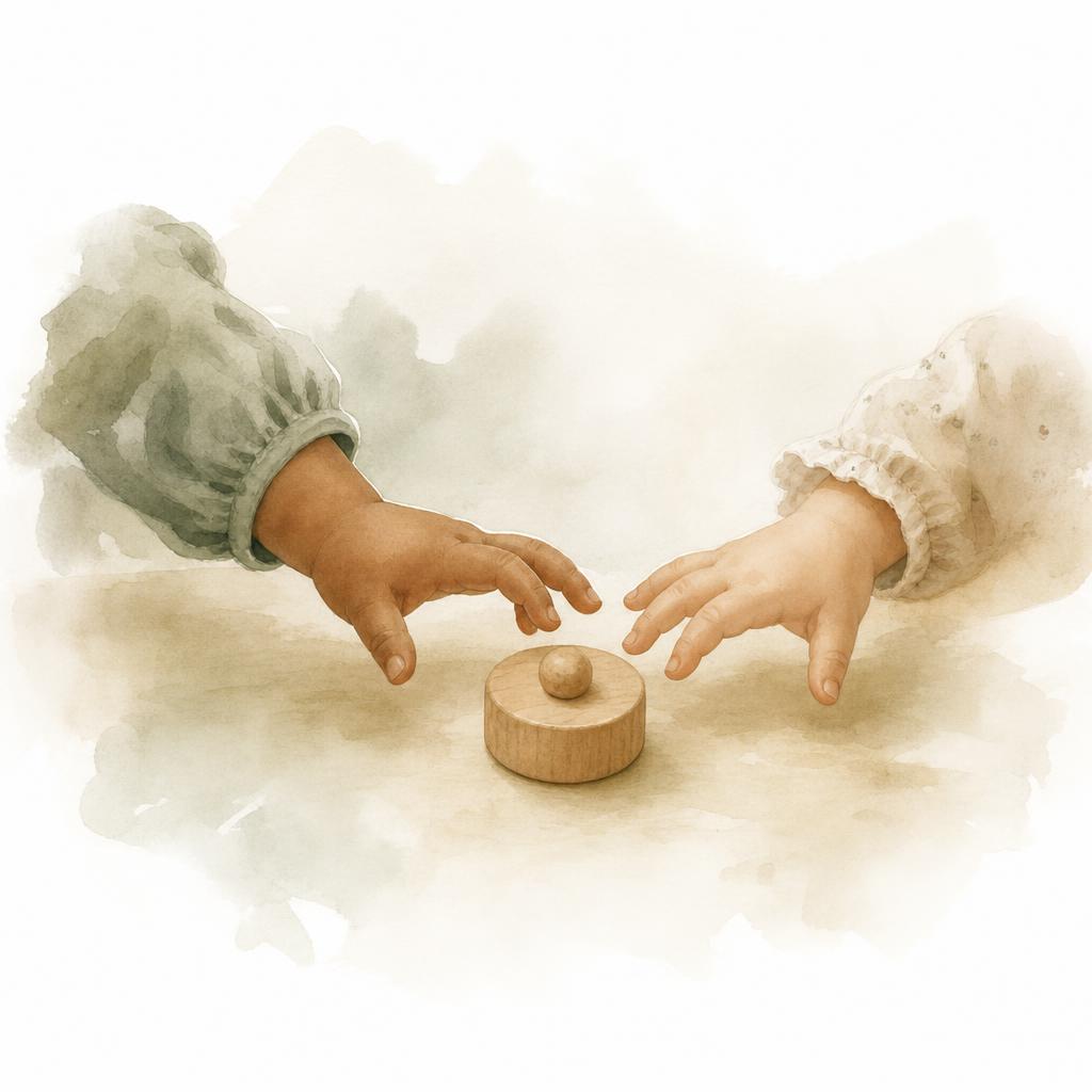Two pairs of toddler hands — one warm-medium, one fair — both reaching toward the same small wooden toy, neither quite there yet