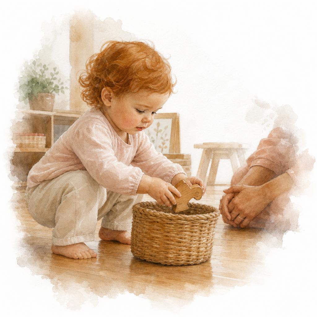 A toddler with light complexion and wavy auburn hair places a wooden toy into a small wicker cleanup basket, concentrating — a teacher's hands visible nearby, present but not directing